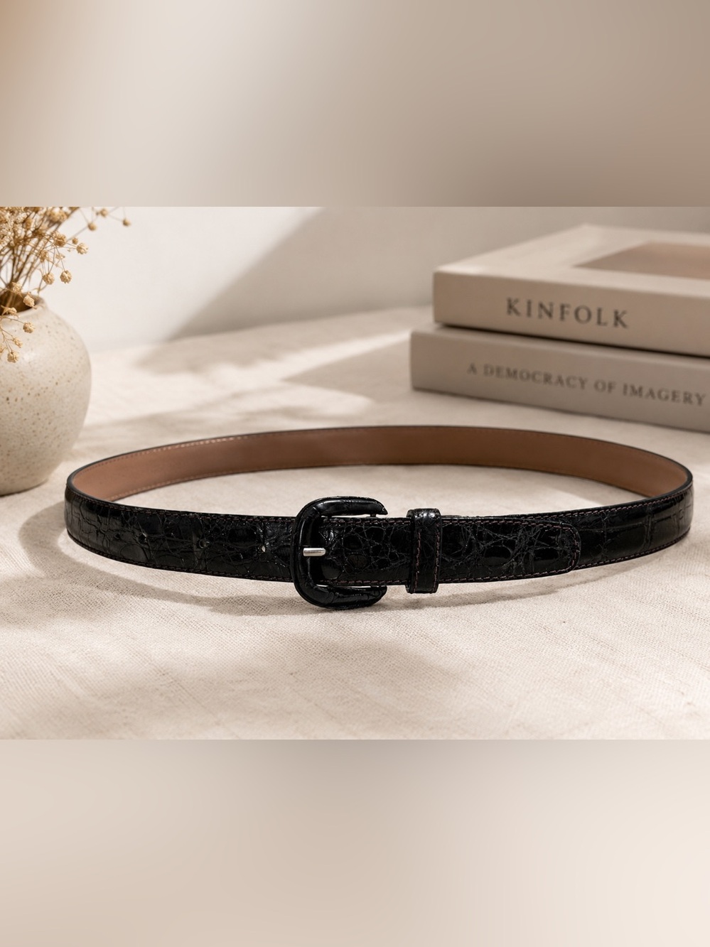 Saks Fifth Avenue Black Croc-Embossed Leather Belt for Women